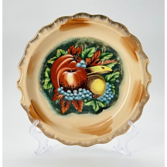 Vintage Hand-Painted Ceramic Fruit Plate With Scalloped Edges & Gold Trim MCM - Picture 1 of 7